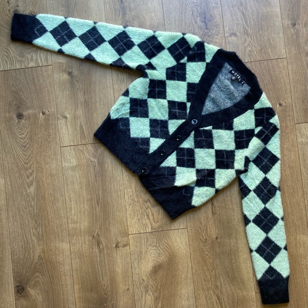 Motel Rocks Saidi Cardi Fuzzy Argyle Cardigan Mint Green & Black Diamond Knit(S)